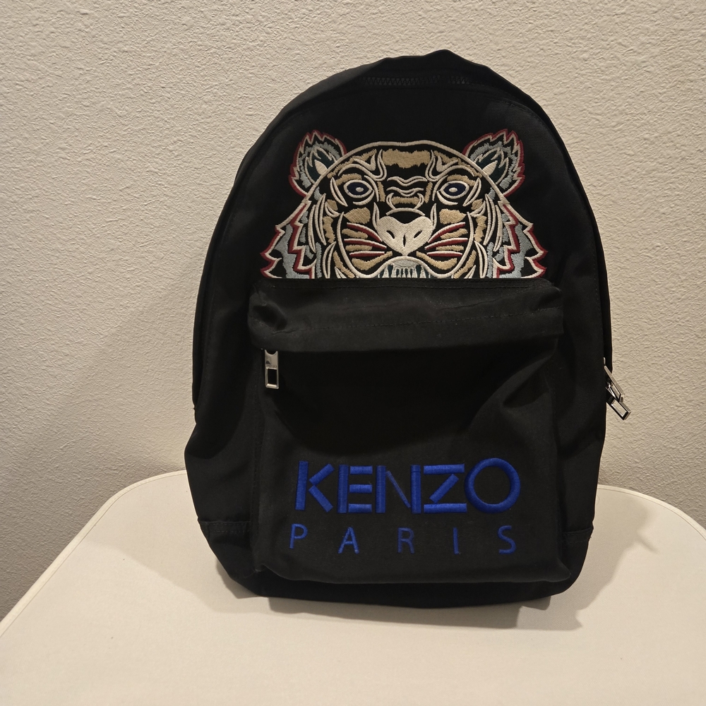 Kenzo Paris Nylon Black Backpack with Blue and Multicolor Embroidery